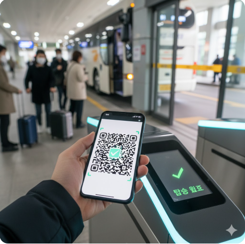 고속버스 탑승구에서 승객이 모바일 티켓 QR 코드를 찍고 있는 모습