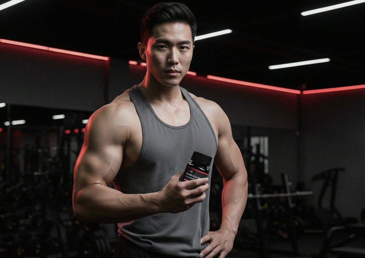 Korean Asian man in 30s exercising at gym looking energetic