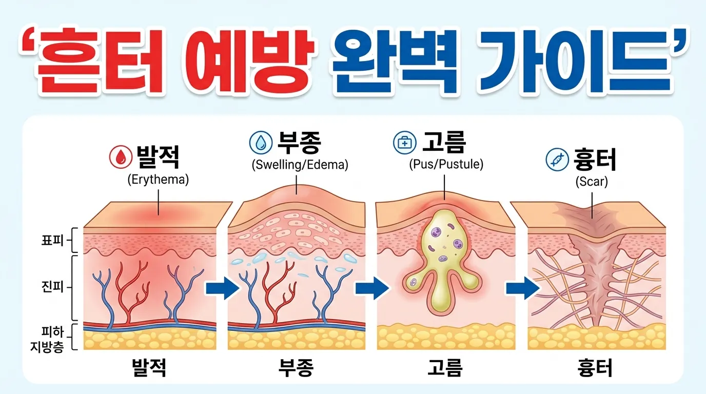 피부 염증이 홍반에서 흉터까지 진행되는 4단계 과정 일러스트