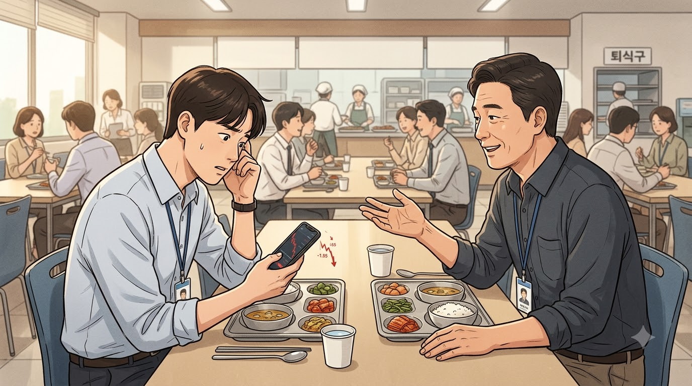 회사 구내식당에서 스마트폰 증권 앱을 보며 고개를 갸웃하는 젊은 직장인과 웃으며 설명하는 50대 선배