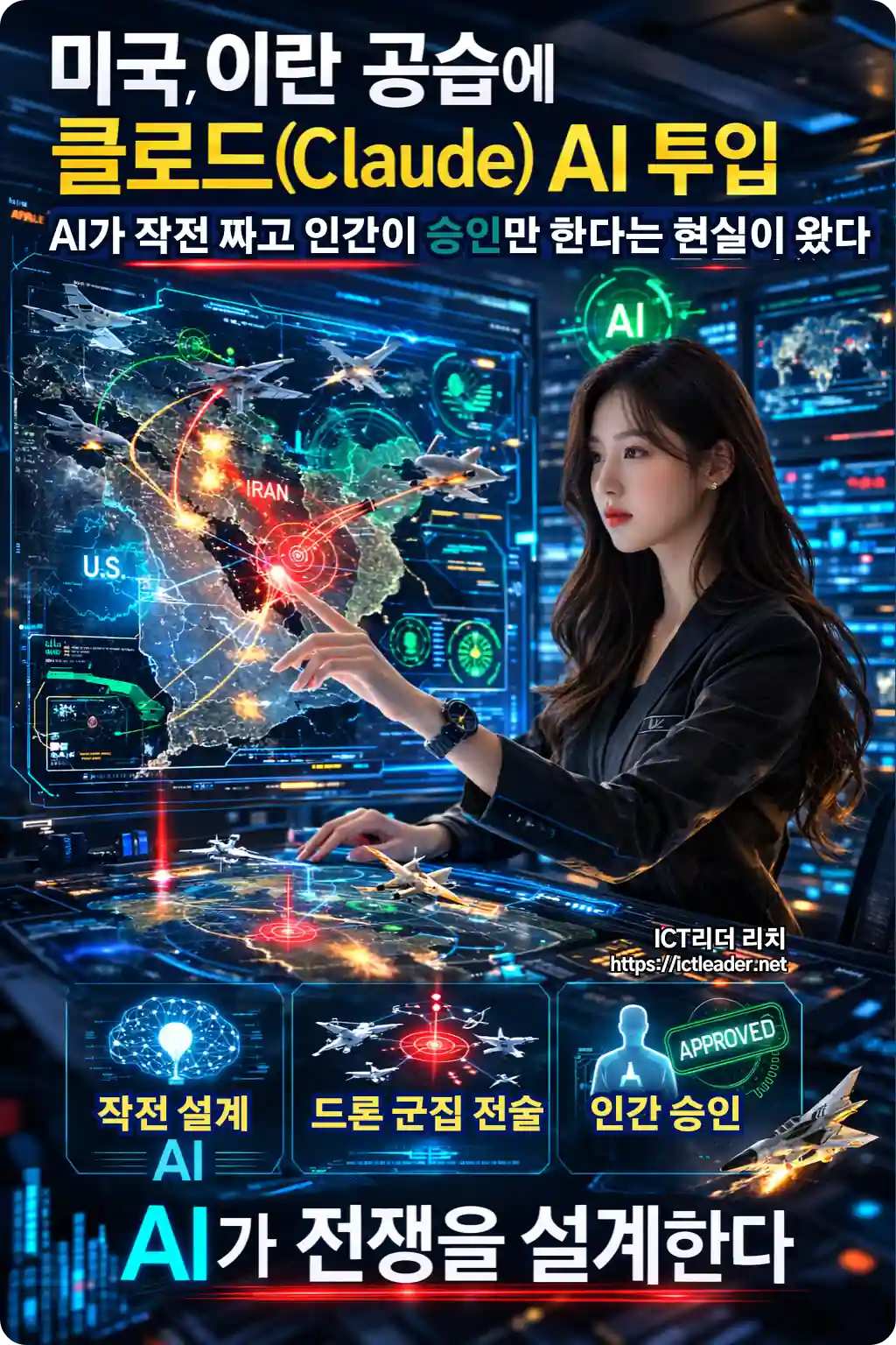 미국 이란 공습에 클로드 Claude AI가 투입된 군사 작전 분석 인포그래픽, 여성 분석가가 홀로그램 전장 지도와 드론 군집 데이터를 확인하는 장면