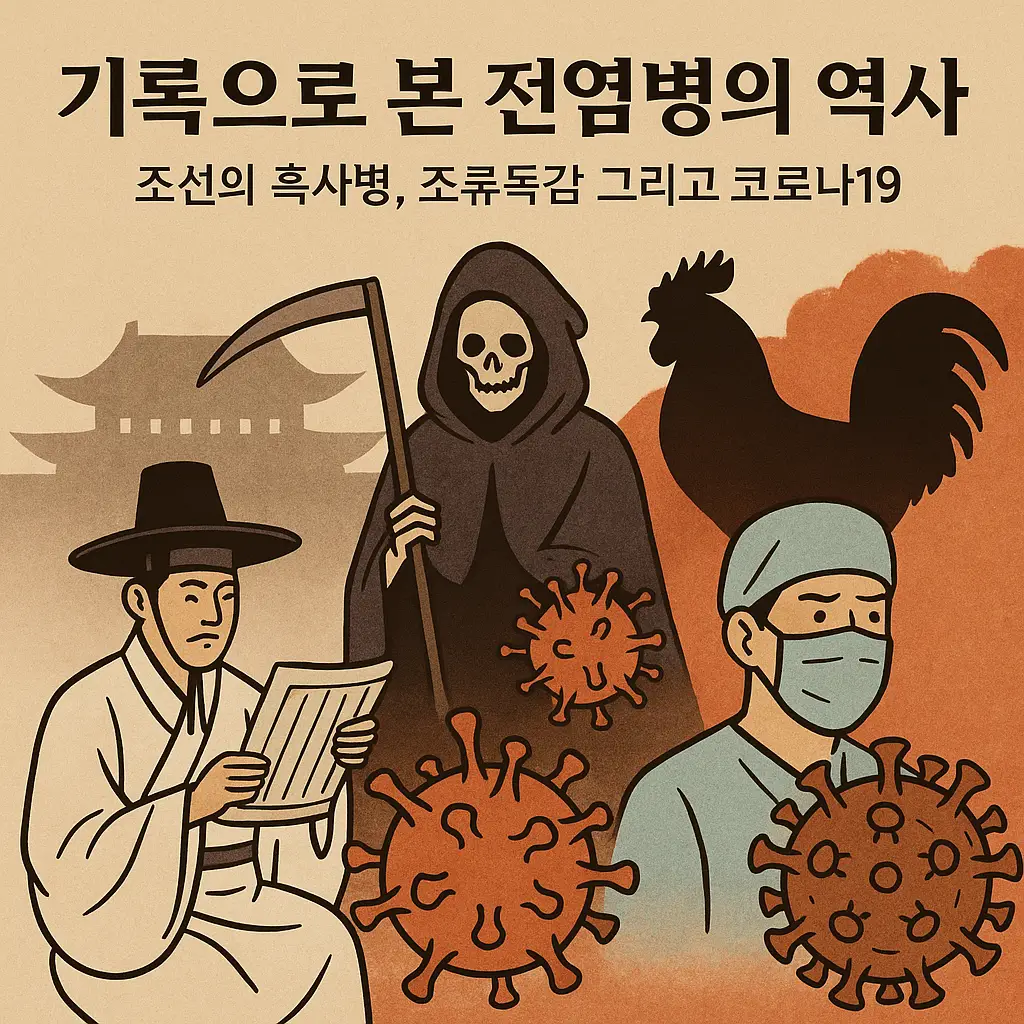 조선시대 흑사병부터 코로나19까지 이어진 전염병의 역사적 흐름을 상징적으로 표현한 일러스트