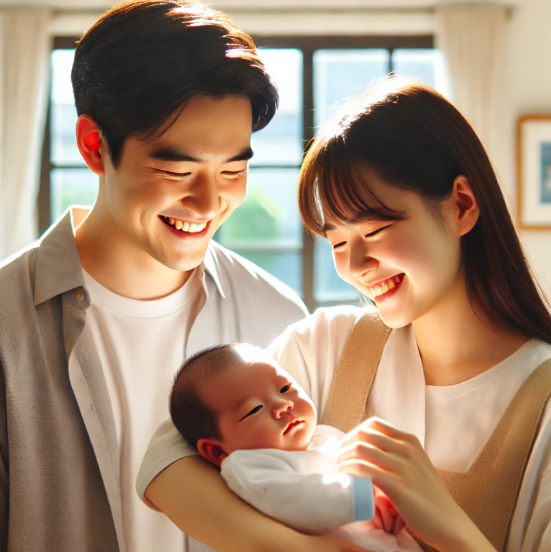부부가 신생아를 품에 안고 따뜻한 미소를 짓는 모습