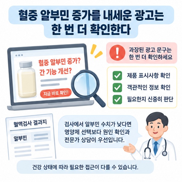 혈중 알부민 증가나 간 기능 개선을 단정하는 광고를 확대경과 주의 표시로 점검하고 검사 수치가 낮으면 의료진 상담을 우선하는 이미지