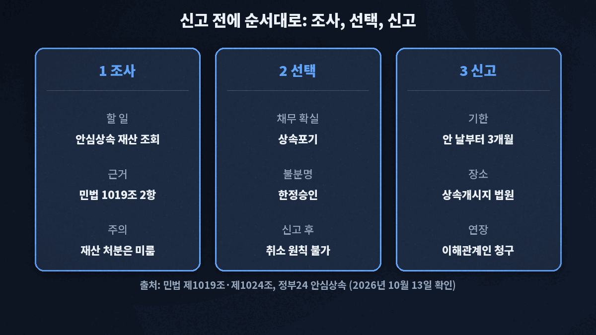 안심상속으로 재산을 조회하고 재산 처분은 미룬 뒤, 채무가 확실히 많으면 상속포기, 불분명하면 한정승인을 골라 안 날부터 3개월 안에 상속개시지 가정법원에 신고하는 3단계 순서