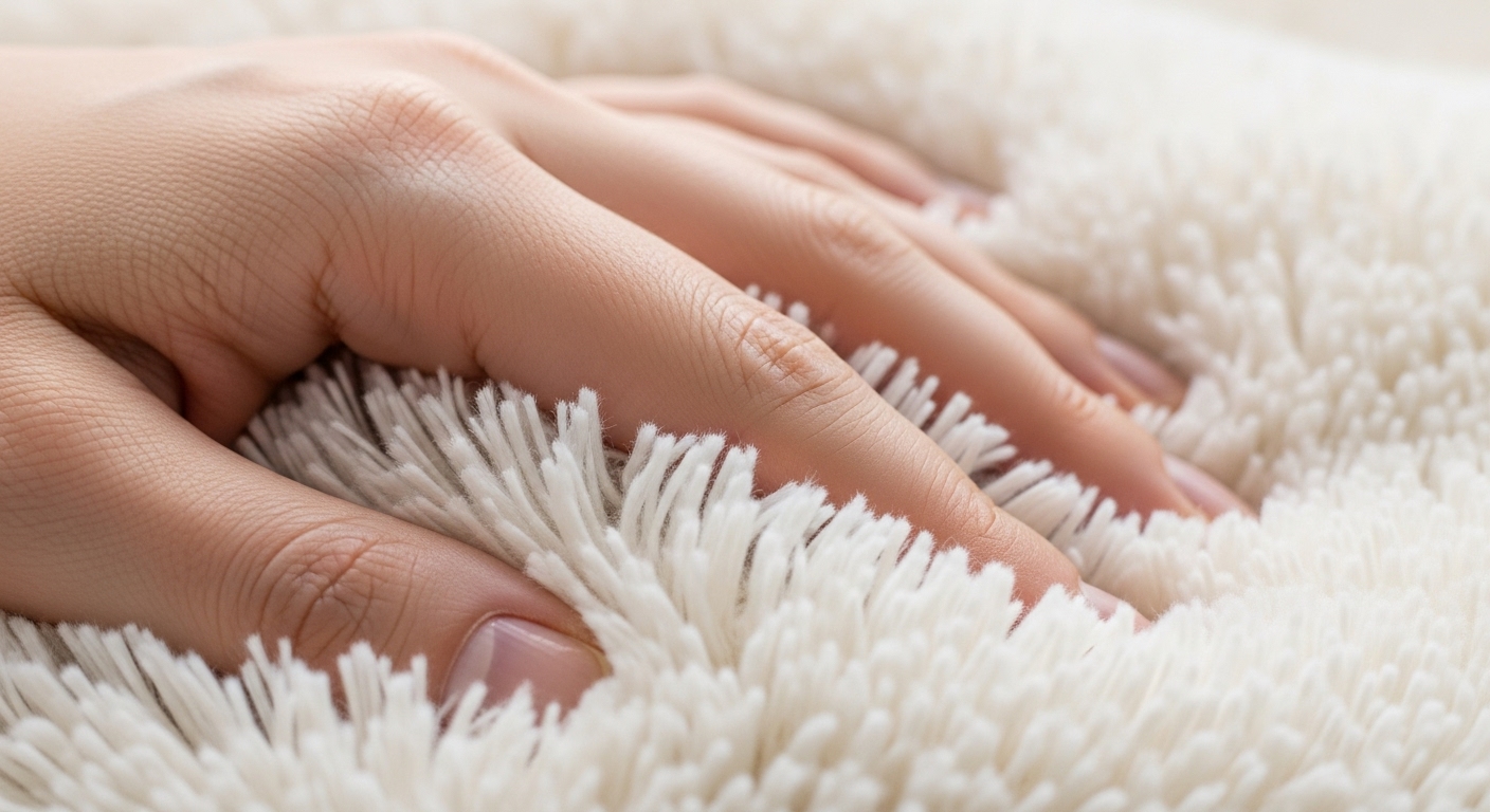 깨끗하고 폭신한 극세사 이불의 섬유를 손으로 만져보는 모습