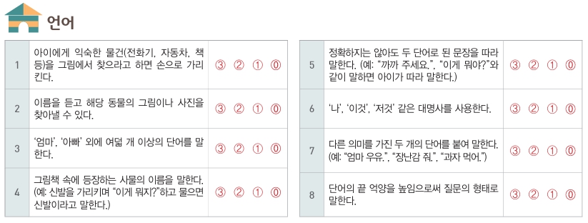 언어능력 발달검사 문항 8개