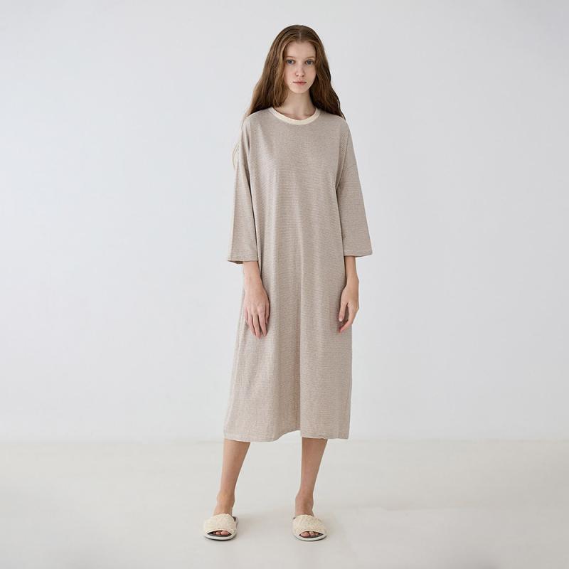 코즈넉 스트라이프 순면 긴팔 홈웨어 원피스 잠옷