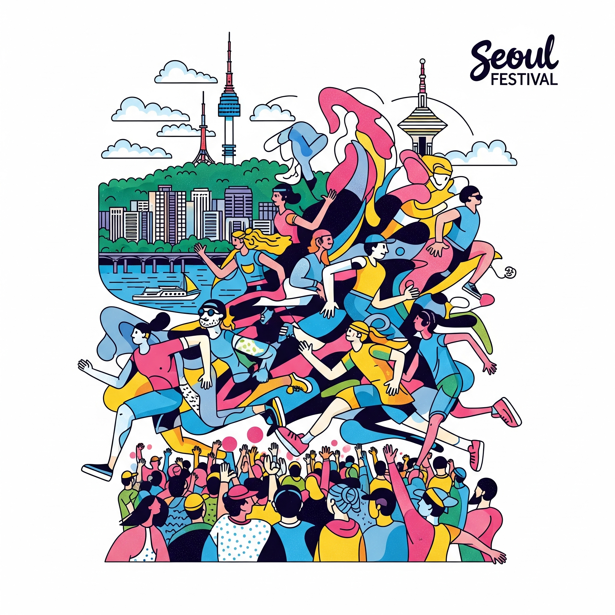 서울 남산타워와 한강을 배경으로 다채로운 색상의 옷을 입은 역동적인 모습의 주자들이 달리고 있는 그래픽 일러스트. 활기찬 러닝 축제의 분위기를 묘사하고 있음