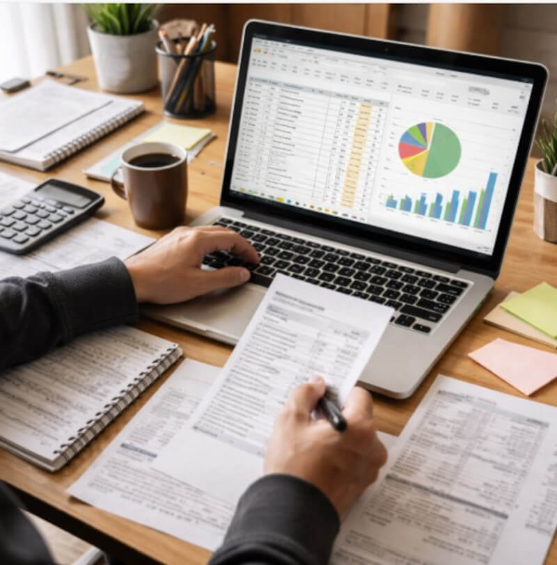 집 책상 위에서 컴퓨터로 가계부나 업무 데이터를 정리하는 장면