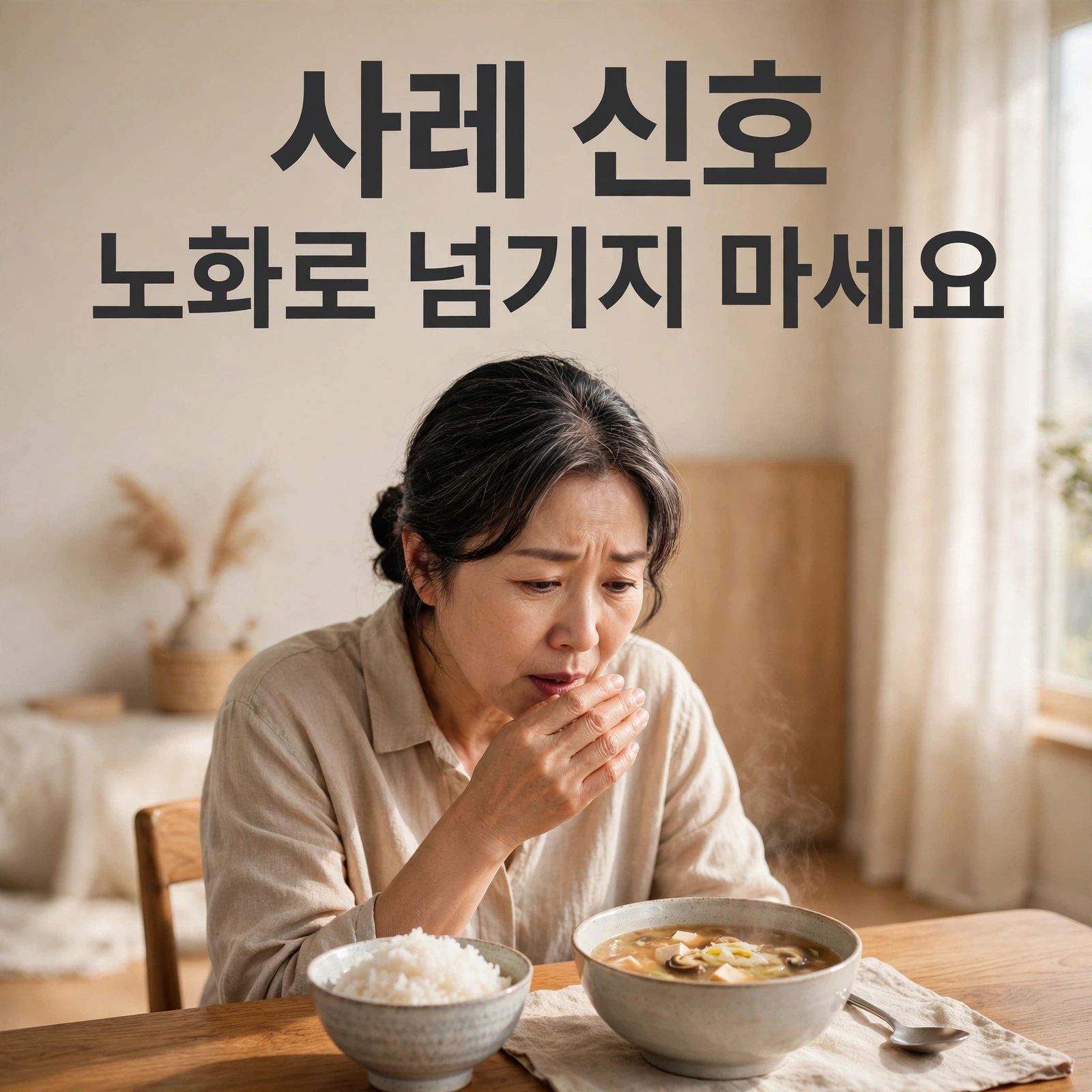 식사 중 사레가 들어 멈춘 50대 여성 (썸네일: 사레 신호·노화로 넘기지 마세요)