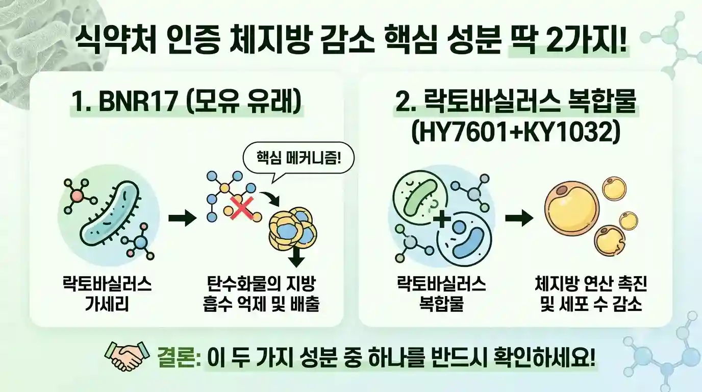 식약처 인증 체지방 감소 핵심 성분 딱 2가지"라는 문구와 함께 1번 BNR17의 탄수화물 지방 흡수 억제 메커니즘, 2번 락토바실러스 복합물의 체지방 연산 촉진 메커니즘을 비교 설명