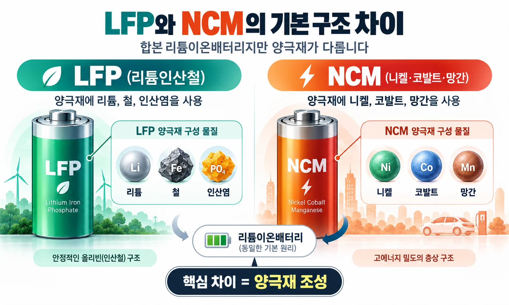 LFP 리튬인산철과 NCM 니켈 코발트 망간 배터리의 양극재 구성 차이 인포그래픽