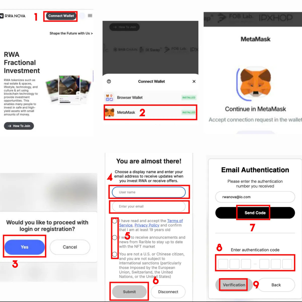 MetaMask 지갑을 RWA NOVA 2.0에 연결하는 방법을 보여주는 이미지입니다