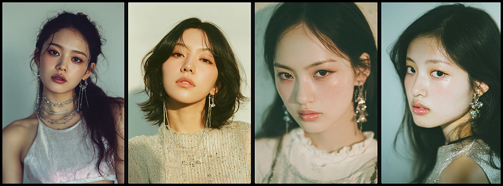 Konica C35 필름 카메라 무드를 가정한 클로즈업 패션 화보, 메탈릭 Y2K 의상과 쿨한 조명이 P 코드의 아날로그 톤으로 해석된 이미지_Midjourney