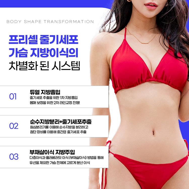 듀얼지방흡입 
줄기세포 추출을 위한 1차 지방흡입, 몸매 보정을 위한 2차 라인교정 진행 

순수지방분리+줄기세포추출
원심분리기를 이용해 순수지방을 분리하고 첨단 장비를 이용해 중간엽 줄기세포 추출

부채살이식 지방주입
다층이식과 플러베러잇 이식(부채살이식) 방법을 통해 유선을 제외한 가슴 전체에 고르게 분산이식