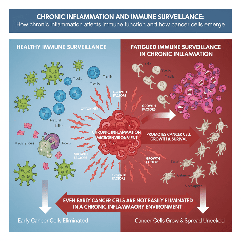 만성염증이 면역 기능에 미치는 영향과 암세포 출현 과정