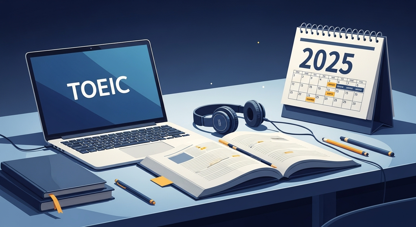 2025년 토익 시험을 준비하는 학생의 책상. 노트북, 교재, 헤드폰이 놓여있고, 2025년 달력이 강조되어 있다.
