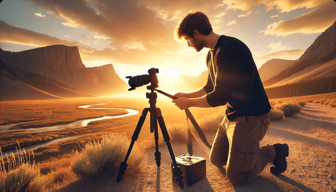 황금 시간대에 트라이포드에 카메라를 설치하는 사진작가
