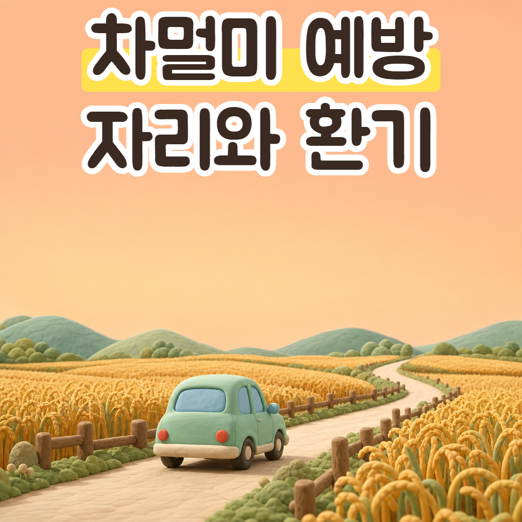 가을 들판 사이 도로를 달리는 작은 자동차