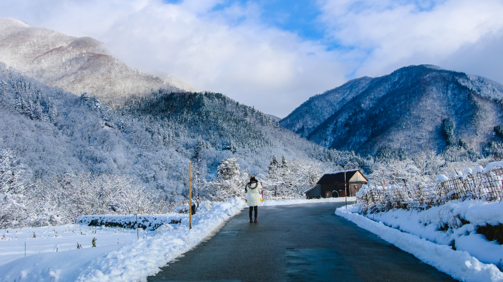 눈 덮인 산속을 산책하는 사람