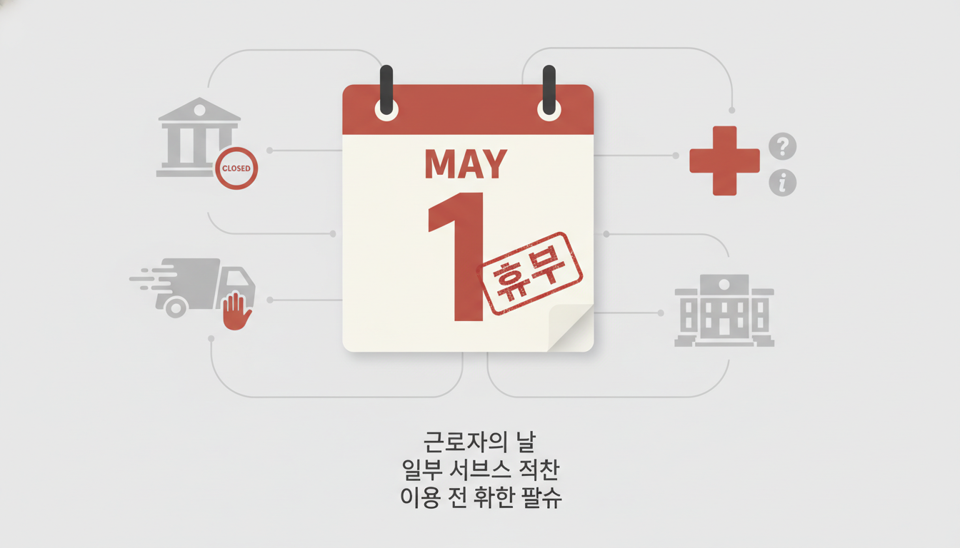 2026년 5월 1일 근로자의 날, 은행, 택배 휴무 및 병원, 관공서 영업 여부를 시각적으로 보여주는 달력과 아이콘 이미지.