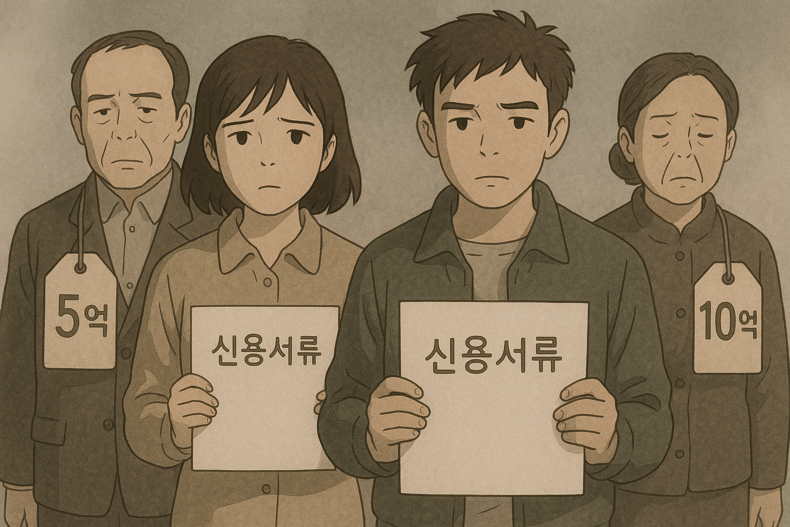 신용서류를 든 시민들 – 생명에 가격표가 붙은 현실을 표현한 장면