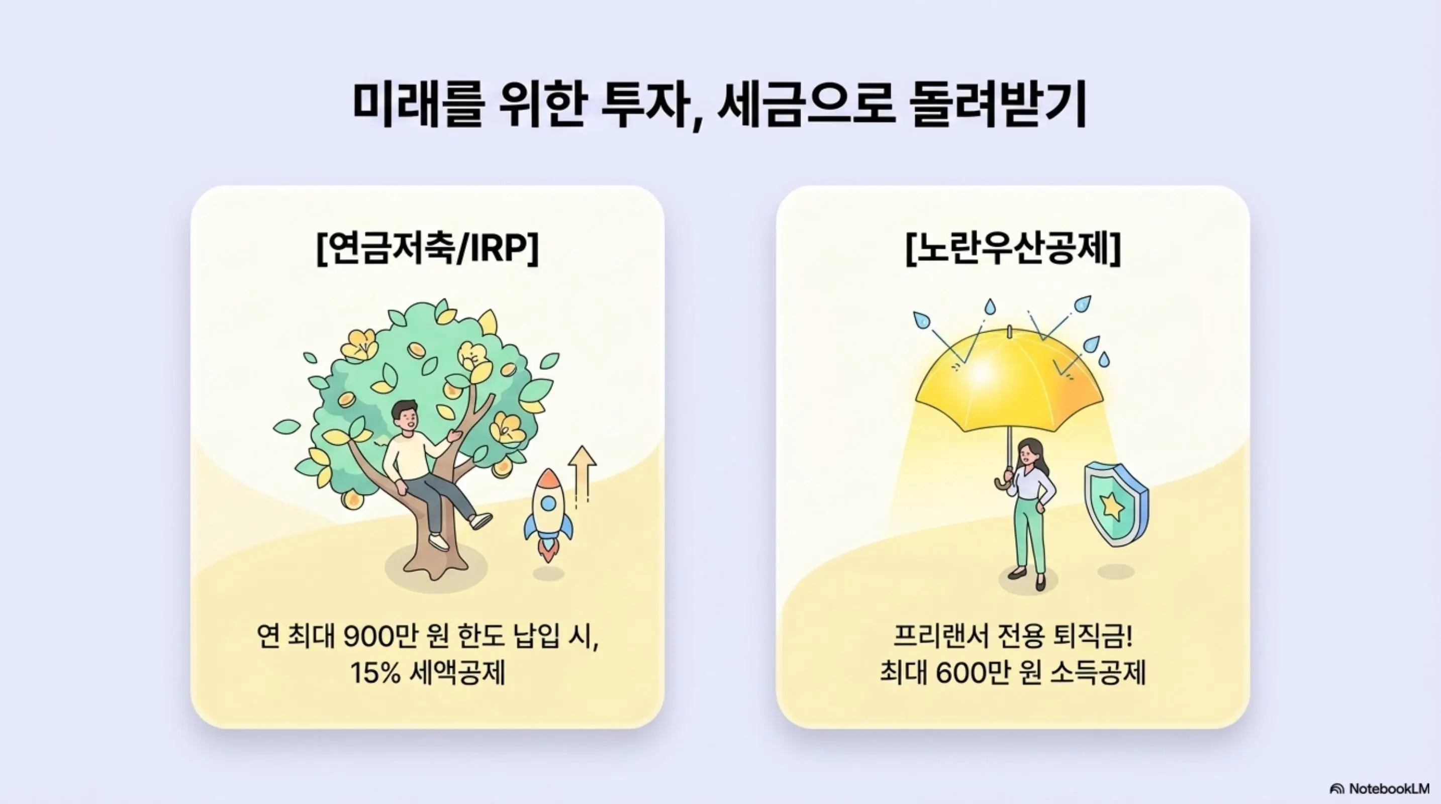 프피랜서 3.3% : 연금저축·IRP(연 최대 900만 원 납입 시 15% 세액공제)와 노란우산공제(최대 600만 원 소득공제)를 비교한 인포그래픽 이미지. 이 이미지는 프리랜서 절세 전략으로 환급액을 늘리는 방법을 시각적으로 전달하며, 블로그의 종합소득세 절세 전략과 관련된 내용을 설명함