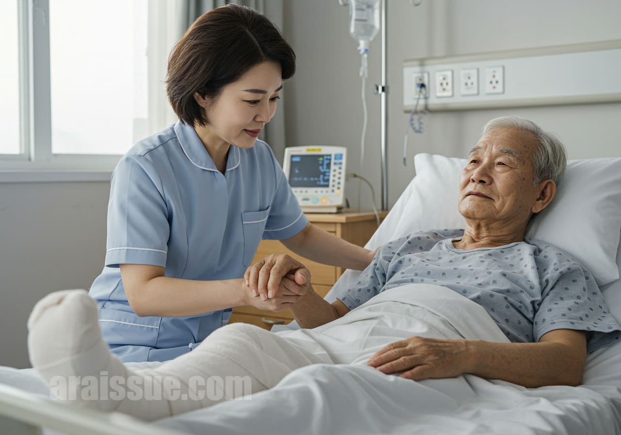 침대에 누운 고령의 환자가 다리에 깁스를 하고 있으며, 옆에서 간병인이 손을 잡고 있습니다. 병원 치료 상황이 현실감 있게 묘사됩니다.