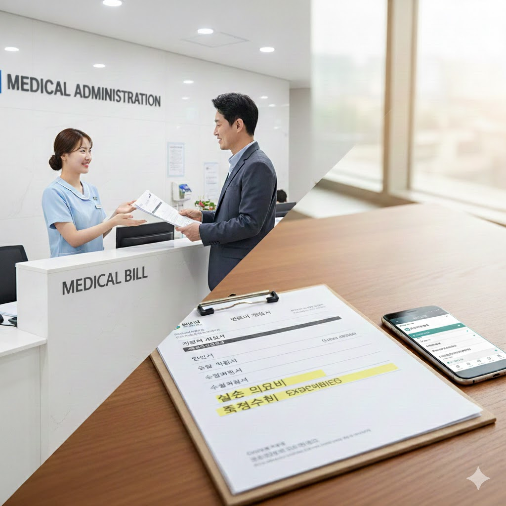 병원 원무과 창구 전경 또는 깔끔하게 정리된 보험 서류 뭉치 이미지