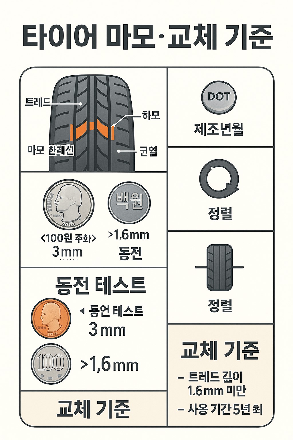 타이어 마모&middot;교체 기준 인포그래픽