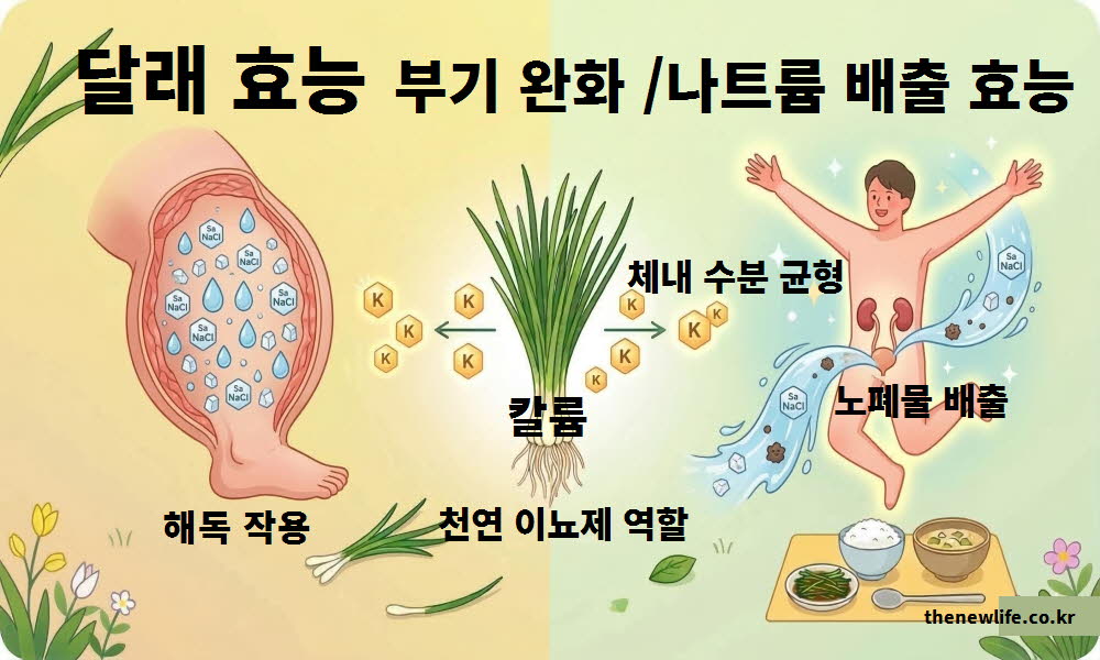 달래 효능의 부기 완화와 나트륨 배출을 설명하는 이미지