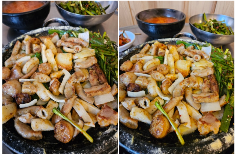 전문가의 손길로 노릇노릇하게 구워지는 소곱창 모듬 구이 서비스