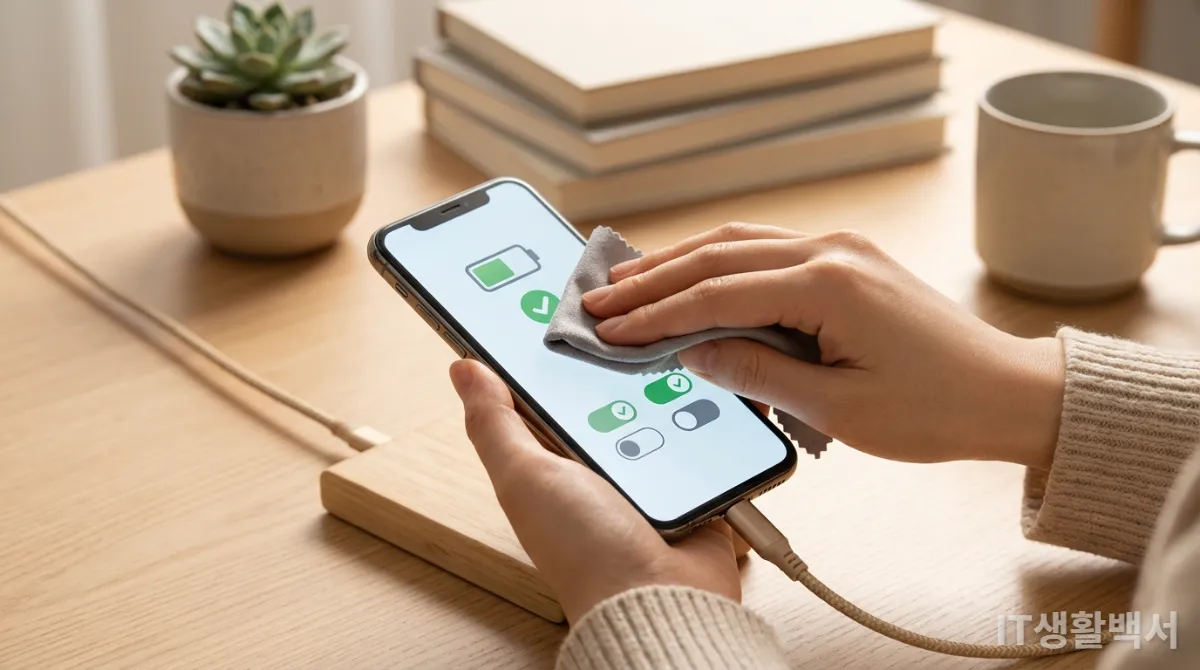 스마트폰을 충전하고 관리하는 한국인의 손