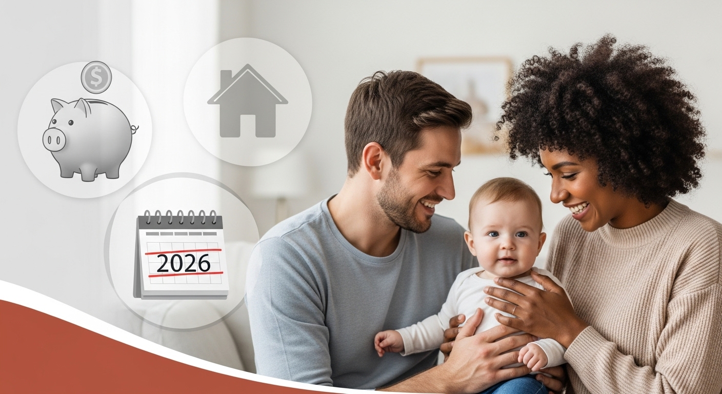 따뜻하고 현대적인 거실에서 어린 아기를 안고 행복하게 웃고 있는 부부의 모습. 그 배경으로 2026년이 표시된 달력과 집 모양의 저금통이 희미하게 보여, 미래의 출산 및 양육 지원금에 대한 희망과 기대를 상징합니다.