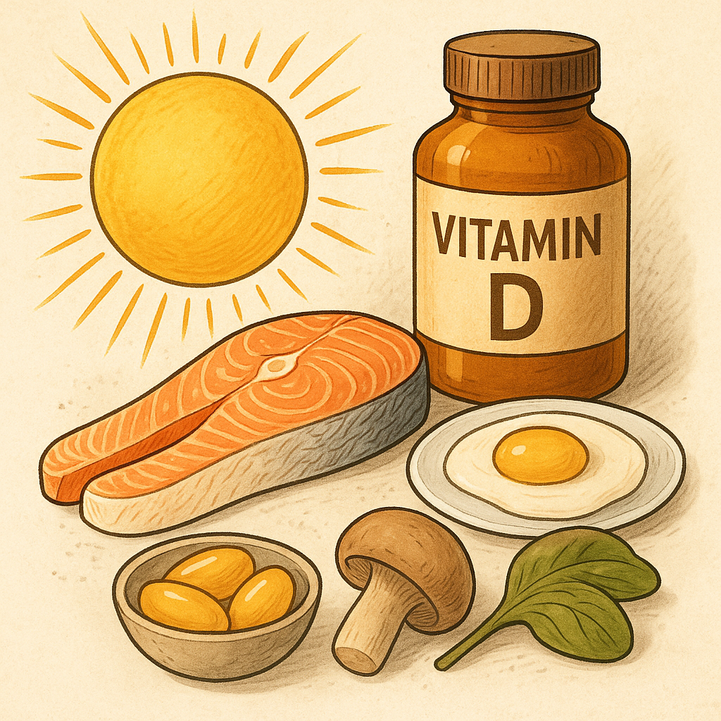 연어, 계란, 버섯, 시금치, 비타민 D 보충제가 있다.