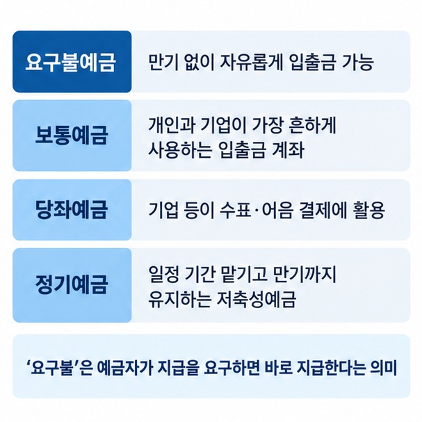 요구불예금 보통예금 당좌예금 정기예금의 특징을 비교한 표