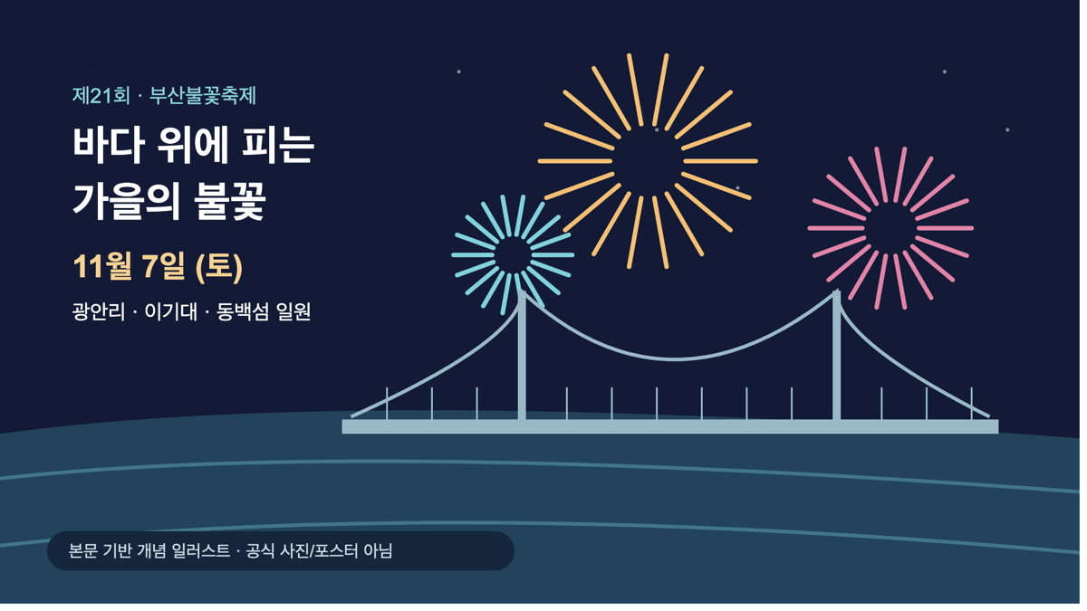 부산불꽃축제 개최 장소와 불꽃을 표현한 개념 일러스트. 공식 사진&middot;포스터가 아닙니다.