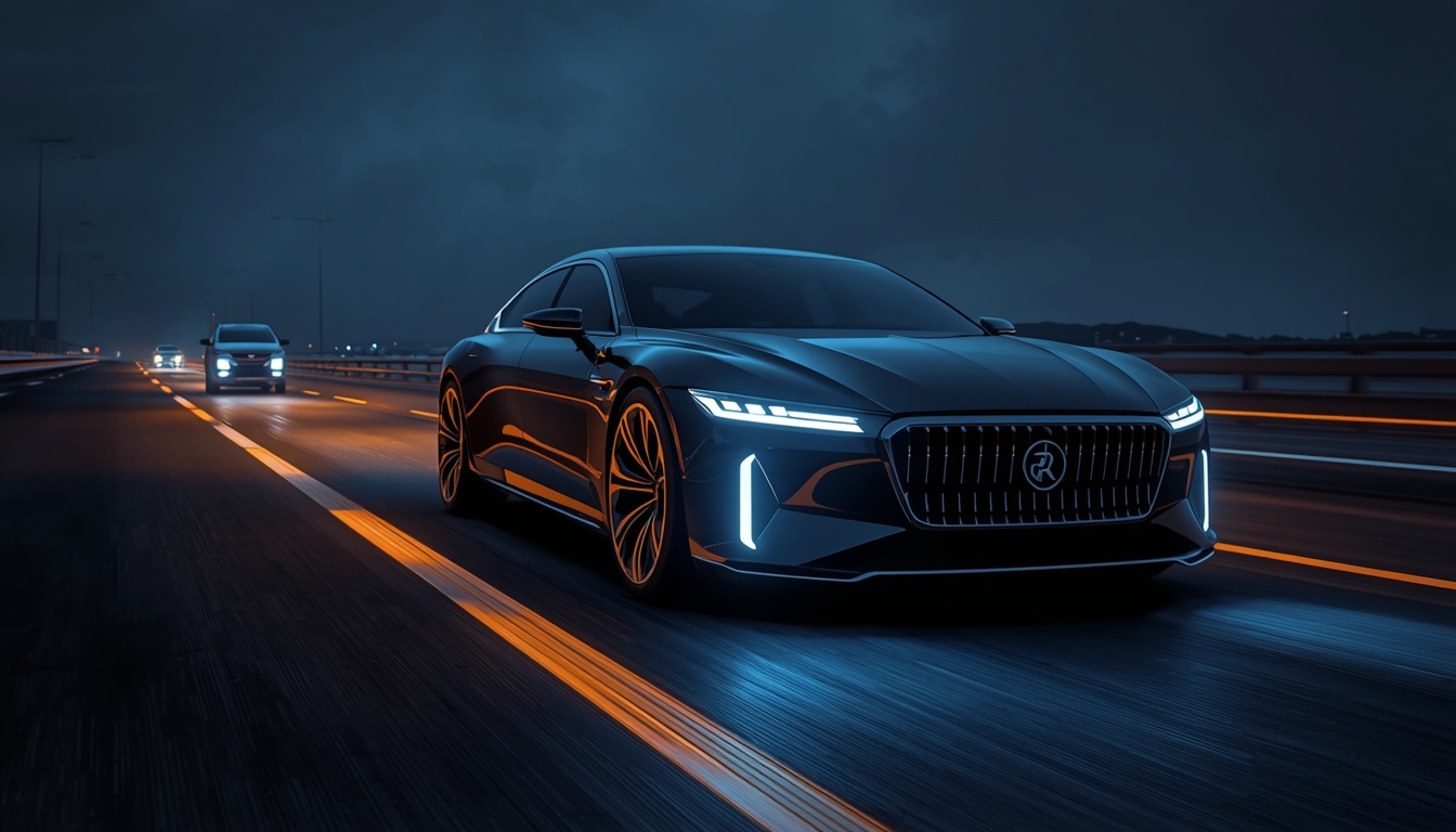 Conceptual image of a futuristic luxury sedan driving on a high-tech illuminated highway at night, symbolizing the transition to software-defined mobility.