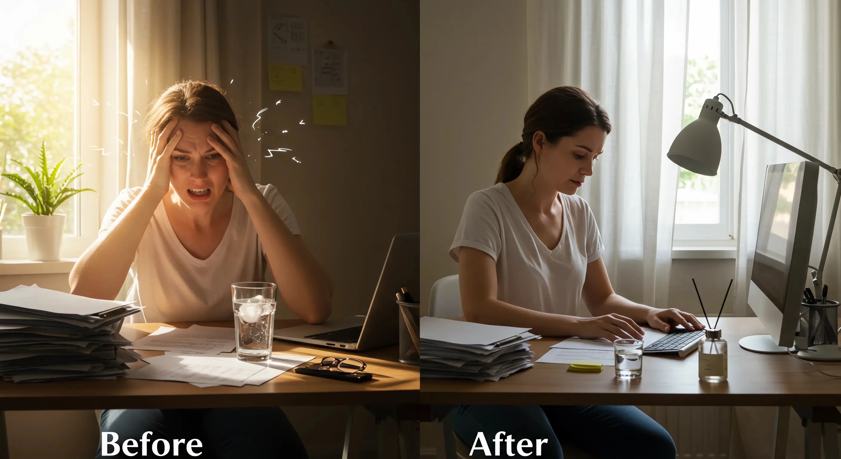 어수선하고 더운 홈오피스에서 좌절하는 여성과, 시원하고 정돈된 환경에서 만족스럽게 일하는 여성의 극적인 대비