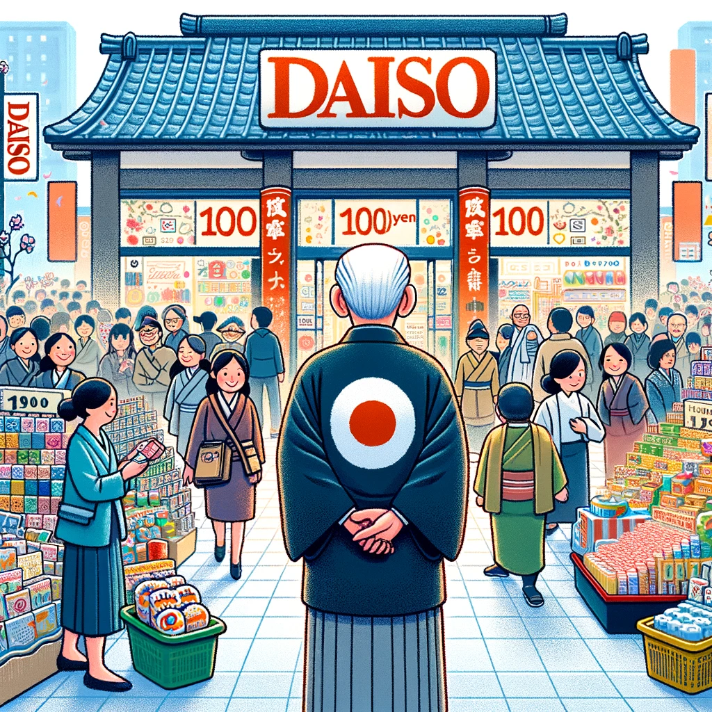 다이소의 창업자 야노 히로타케(矢野博丈) 전 다이소 회장이 100엔 가격의 제품들을 둘러보는 모습을 표현한 그림