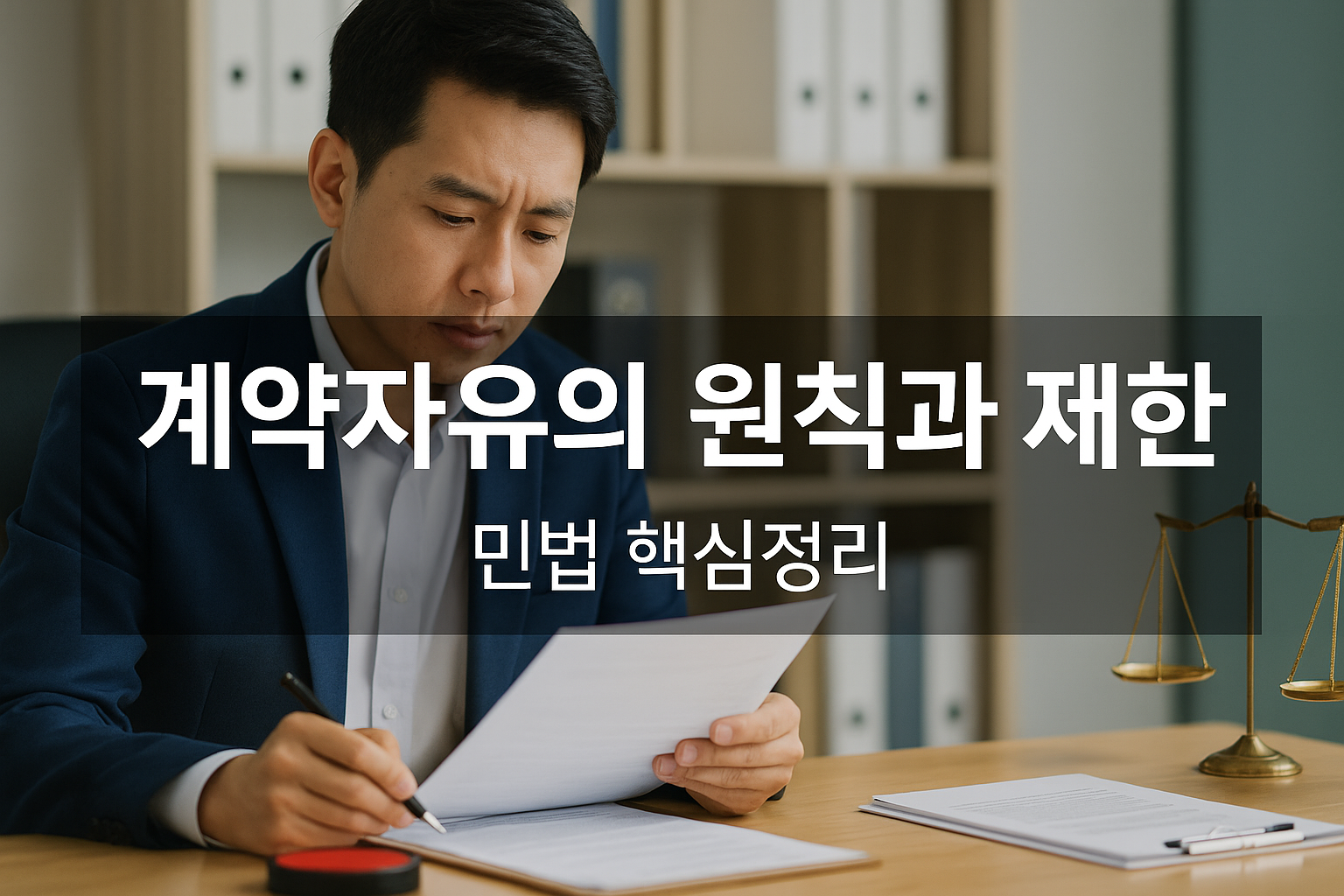 현대 사무실에서 한국인 전문가가 계약서를 검토하며 도장과 저울이 놓인 책상 앞에서 집중하는 장면으로, “계약자유의 원칙과 제한”을 주제로 계약의 성립 요건과 효력 발생 요건, 사회질서 위반 무효 등 민법 핵심 내용을 한눈에 보여주는 썸네일 이미지.