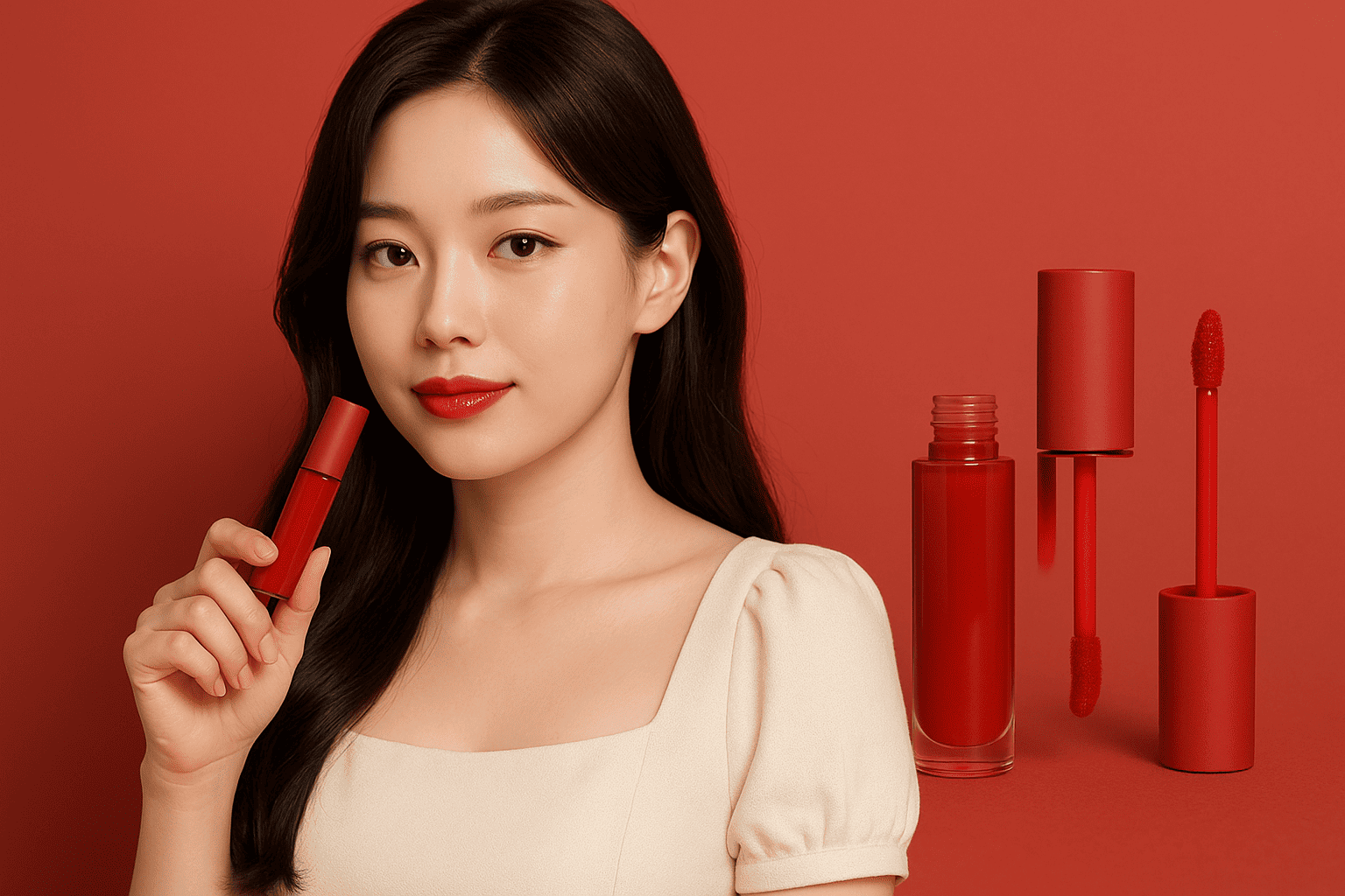 단아한-분위기의-젊은-동양인-여성이-아이보리색-스퀘어넥-블라우스를-입고-붉은색-틴트를-손에-들고-있으며-붉은-배경-앞에서-살짝-미소-짓고-있다.-틴트-제품이-옆에-크게-보여져-화장품-브랜드-광고처럼-구성된-세련된-화장품-썸네일-이미지