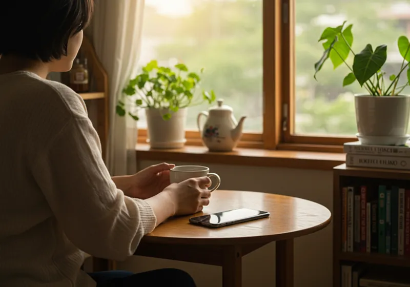 한 사람이 스마트폰을 잠시 내려놓고 창밖 풍경을 보며 차분하게 차를 마시고 있다. 주변에는 책과 식물이 놓여 평화로운 분위기를 자아낸다.
