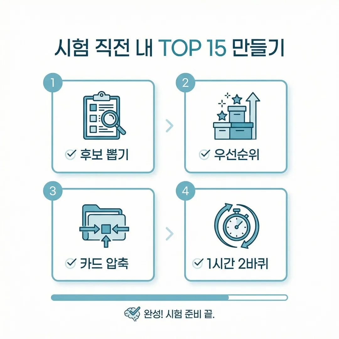 시험 직전 내 TOP 15 만드는 4단계(후보 뽑기·우선순위·카드 압축·1시간 2바퀴)를 정리한 인포그래픽
