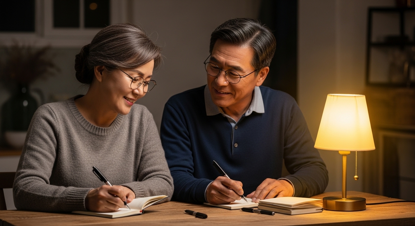 50대 부부가 대화 노트에 서로에게 하고 싶은 말을 적으며 미소 짓는 모습