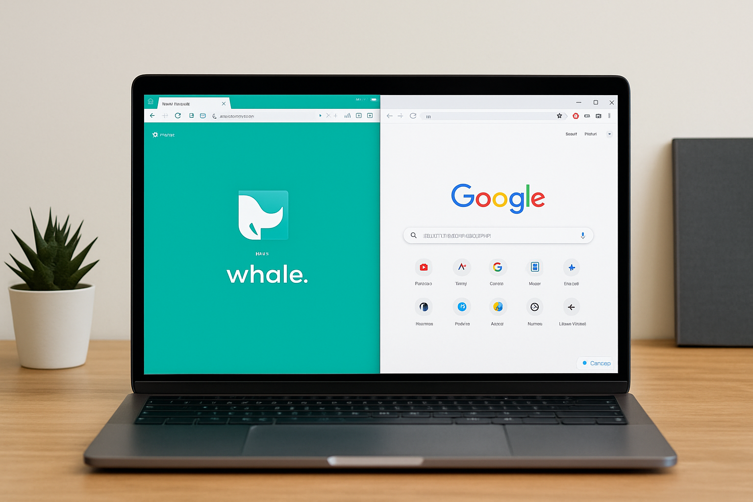 웨일과 크롬 브라우저 화면을 나란히 비교한 이미지