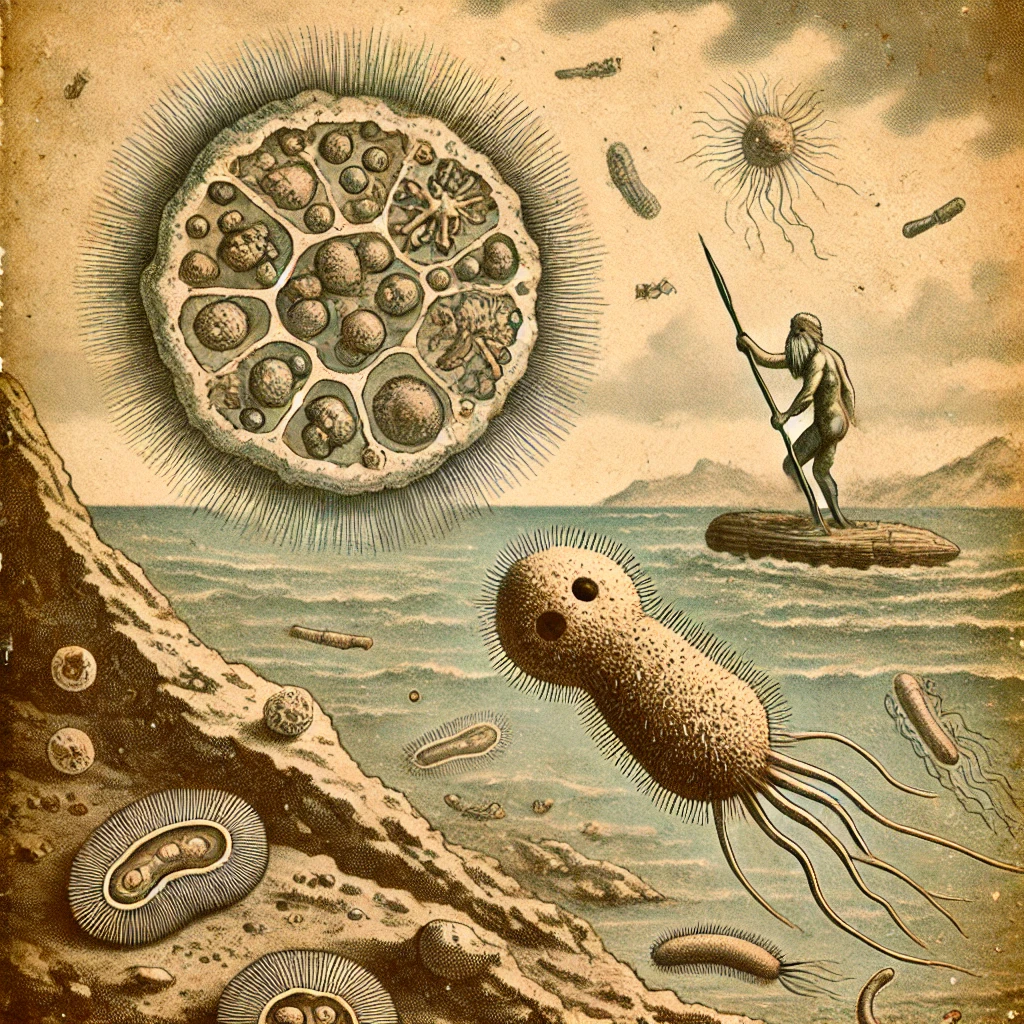 고대 바다를 배경으로, 단순한 원시생물들 사이를 유영하는 작은 박테리아가 다른 세포 내부로 흡수되는 장면. 약간의 판타지적 느낌을 담아 마치 오래된 문헌 삽화처럼 표현