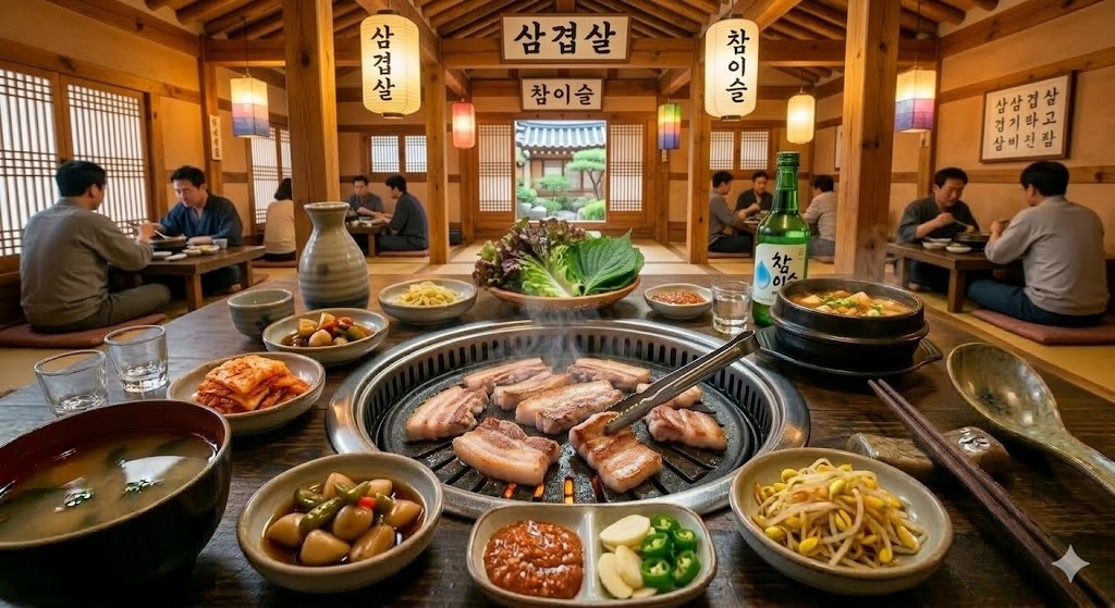 사람들이 가득한 가게에서의 두툼한 삼겹살과 밑반찬들