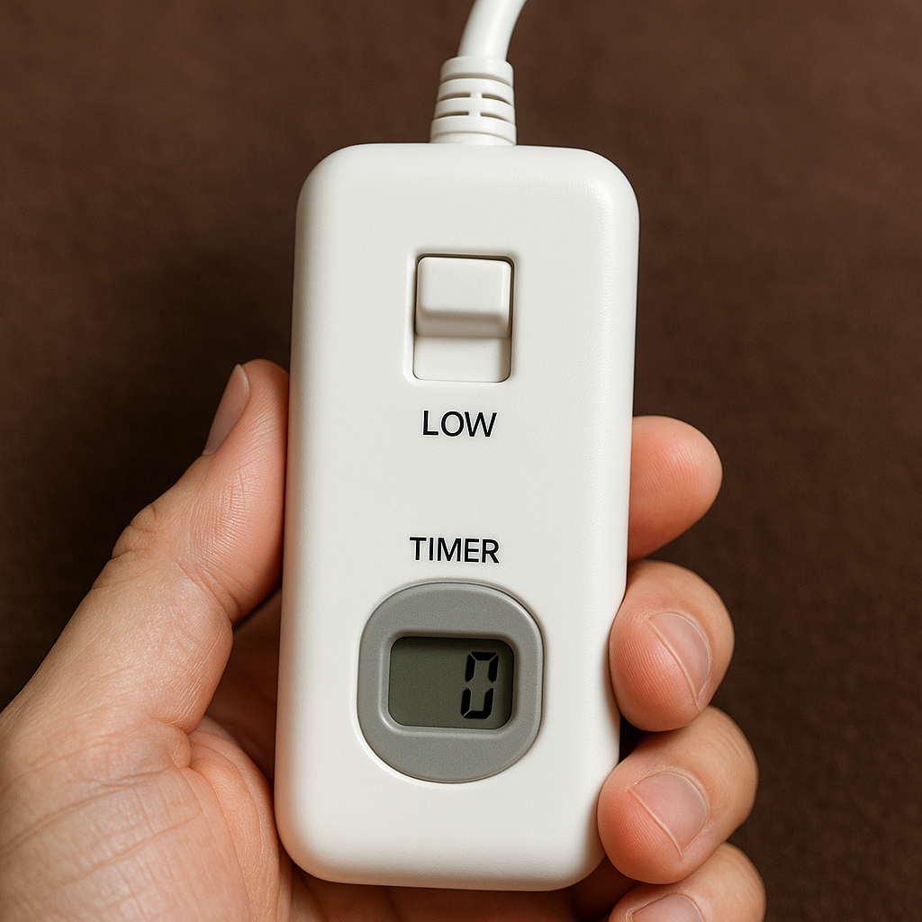 전기장판 컨트롤러의 예열과 저온 모드, 타이머 3시간 설정이 보이는 근접 사진